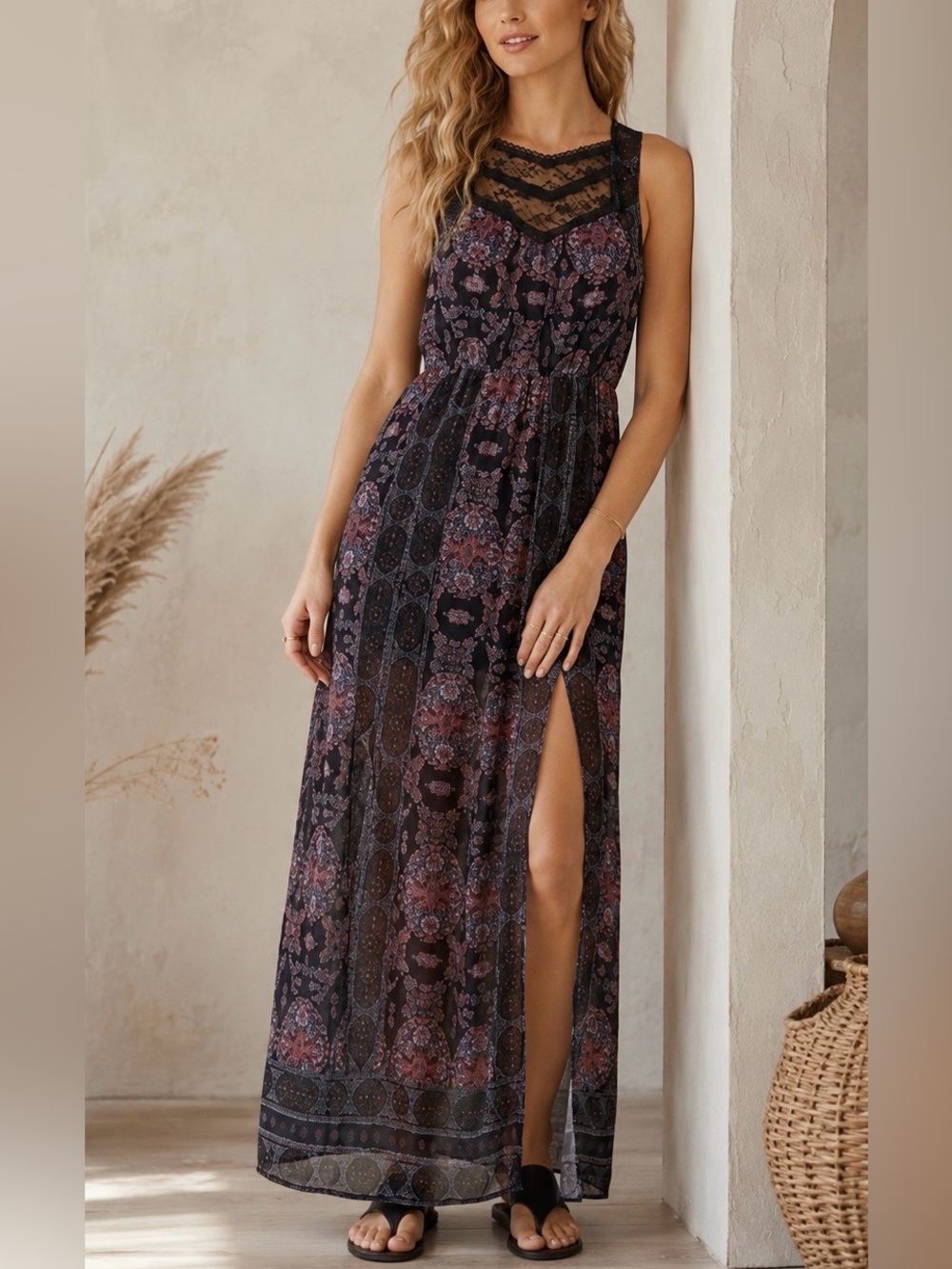 Free People Moroccan Print Maxi Dress NWT Lace Double Slit Size 12